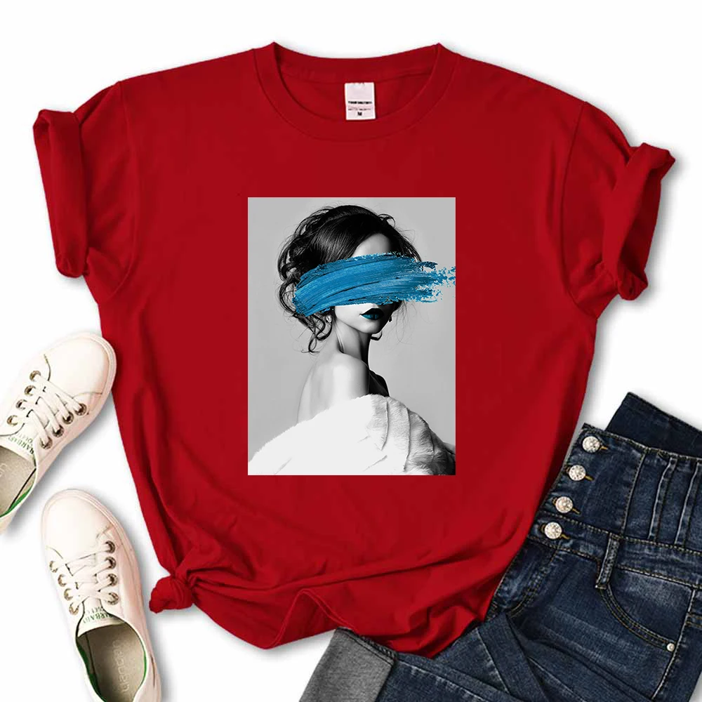 Art Portrait Character Smear Print Women Tshirts Summer Fashion T-Shirt Breathable O-Neck Tee Shirts Soft Cool T-Shirt Female