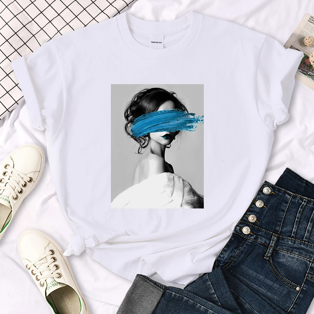Art Portrait Character Smear Print Women Tshirts Summer Fashion T-Shirt Breathable O-Neck Tee Shirts Soft Cool T-Shirt Female