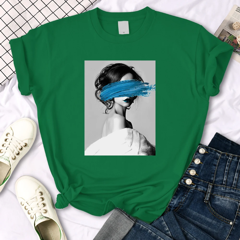Art Portrait Character Smear Print Women Tshirts Summer Fashion T-Shirt Breathable O-Neck Tee Shirts Soft Cool T-Shirt Female