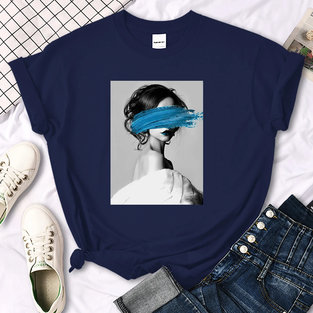 Art Portrait Character Smear Print Women Tshirts Summer Fashion T-Shirt Breathable O-Neck Tee Shirts Soft Cool T-Shirt Female