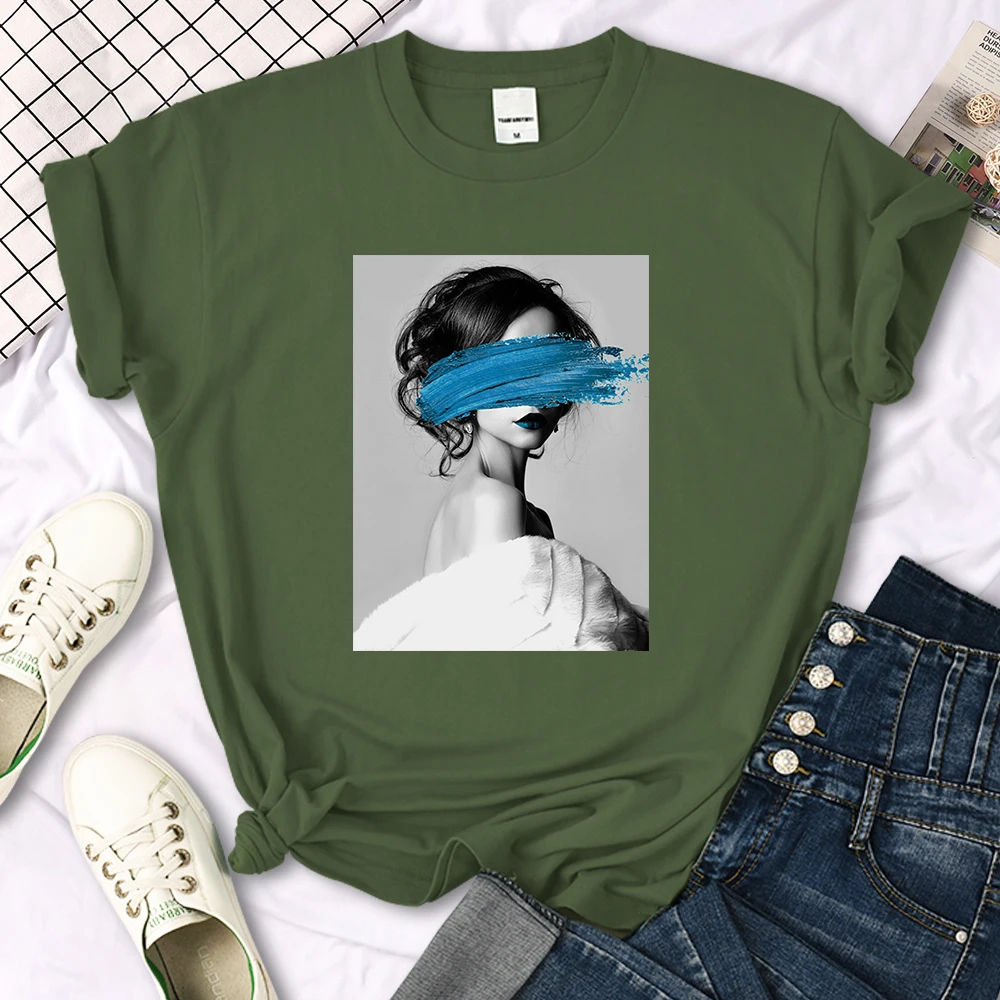 Art Portrait Character Smear Print Women Tshirts Summer Fashion T-Shirt Breathable O-Neck Tee Shirts Soft Cool T-Shirt Female