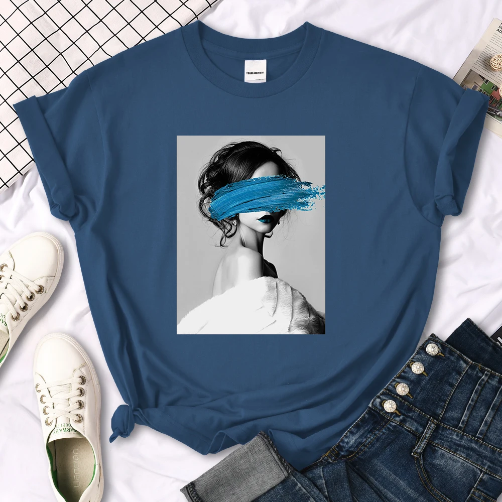 Art Portrait Character Smear Print Women Tshirts Summer Fashion T-Shirt Breathable O-Neck Tee Shirts Soft Cool T-Shirt Female