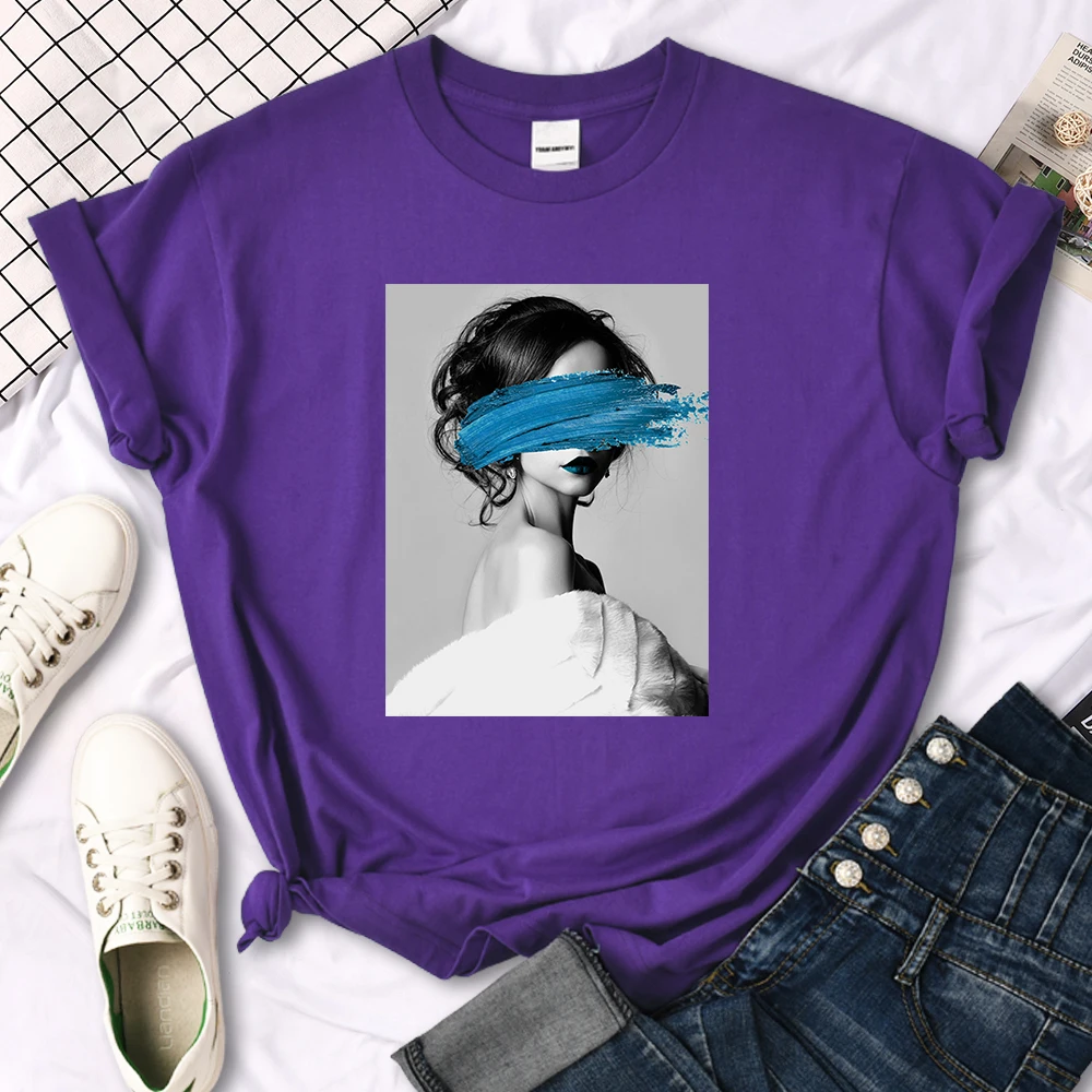 Art Portrait Character Smear Print Women Tshirts Summer Fashion T-Shirt Breathable O-Neck Tee Shirts Soft Cool T-Shirt Female
