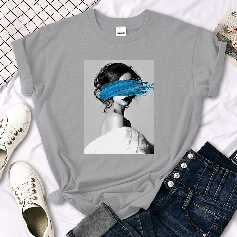 Art Portrait Character Smear Print Women Tshirts Summer Fashion T-Shirt Breathable O-Neck Tee Shirts Soft Cool T-Shirt Female