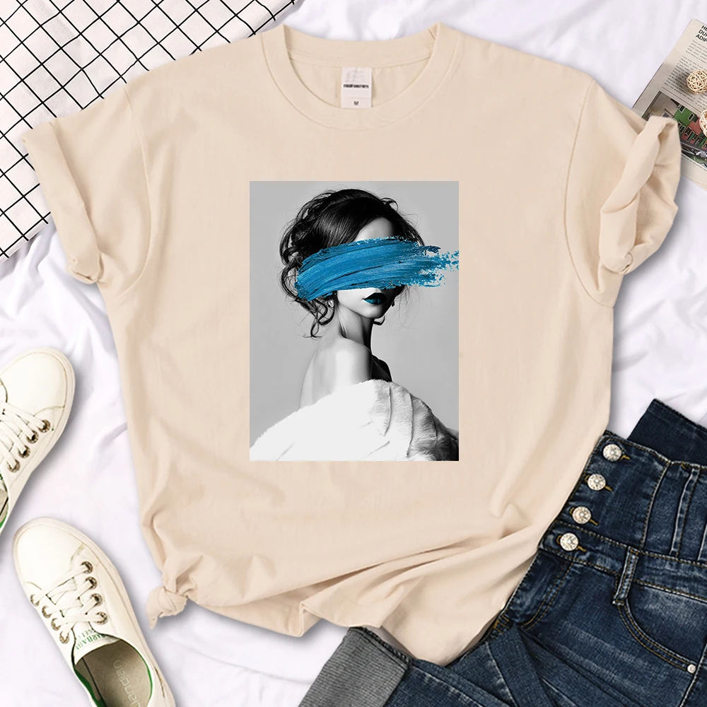 Art Portrait Character Smear Print Women Tshirts Summer Fashion T-Shirt Breathable O-Neck Tee Shirts Soft Cool T-Shirt Female