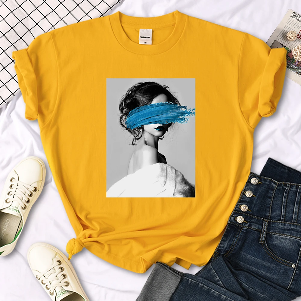 Art Portrait Character Smear Print Women Tshirts Summer Fashion T-Shirt Breathable O-Neck Tee Shirts Soft Cool T-Shirt Female