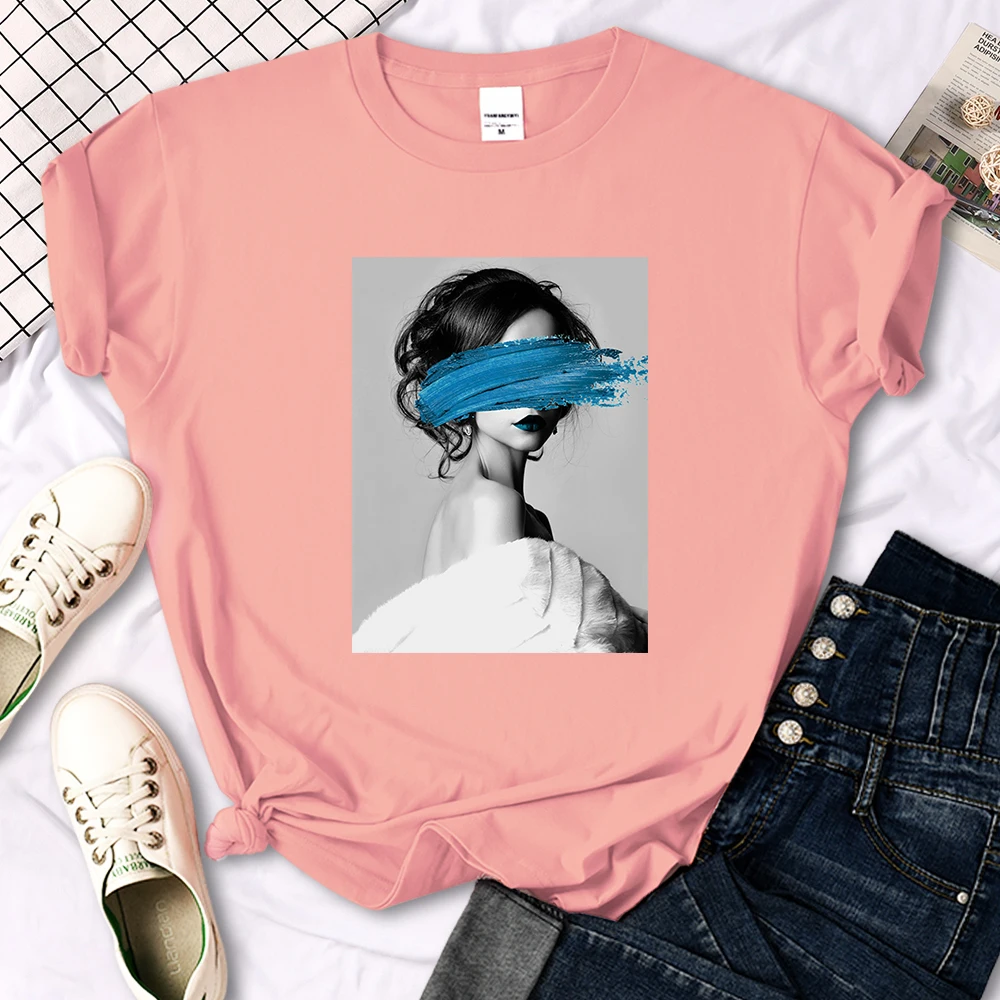 Art Portrait Character Smear Print Women Tshirts Summer Fashion T-Shirt Breathable O-Neck Tee Shirts Soft Cool T-Shirt Female