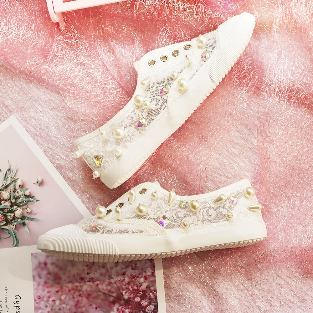 Woman Loafers Knitted Slip On Shoes Spring Handmade Flat Moccasins Ladies Wide Fit Zapatos De Mujer Lace Pearl Diamond
