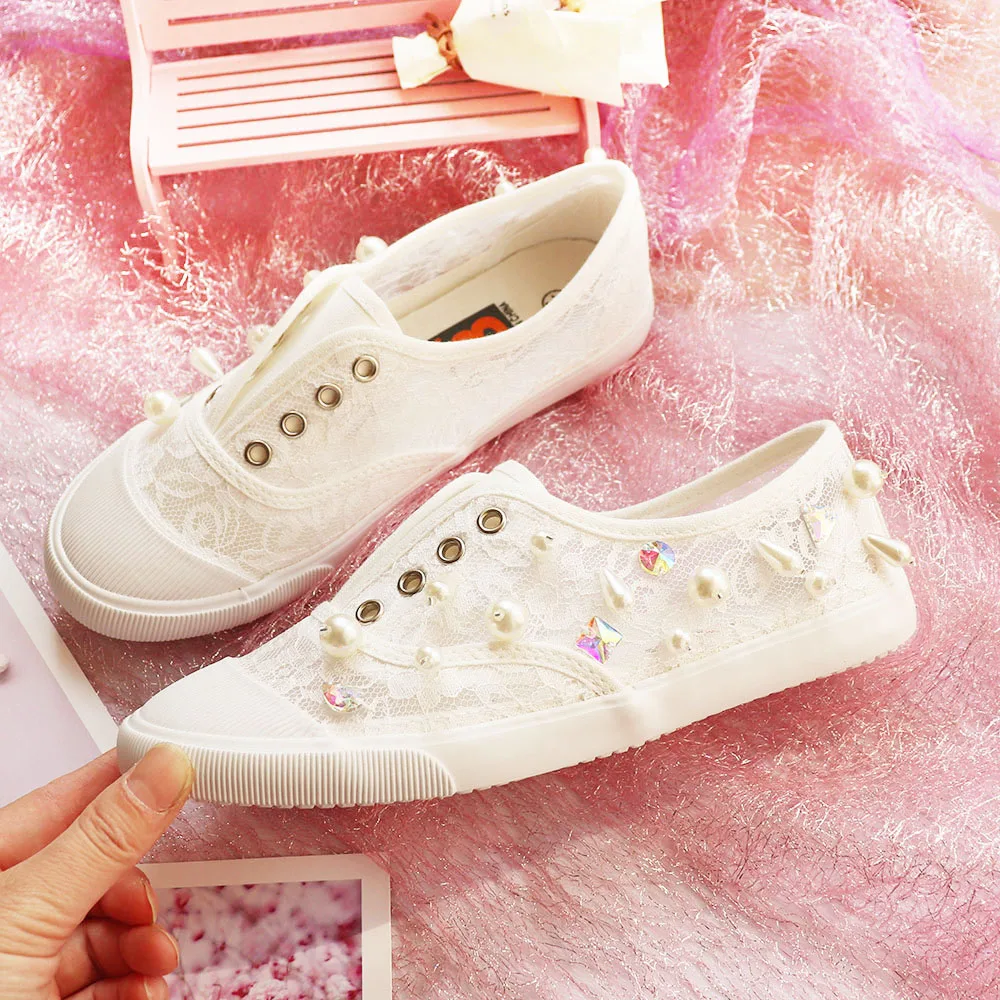 Woman Loafers Knitted Slip On Shoes Spring Handmade Flat Moccasins Ladies Wide Fit Zapatos De Mujer Lace Pearl Diamond