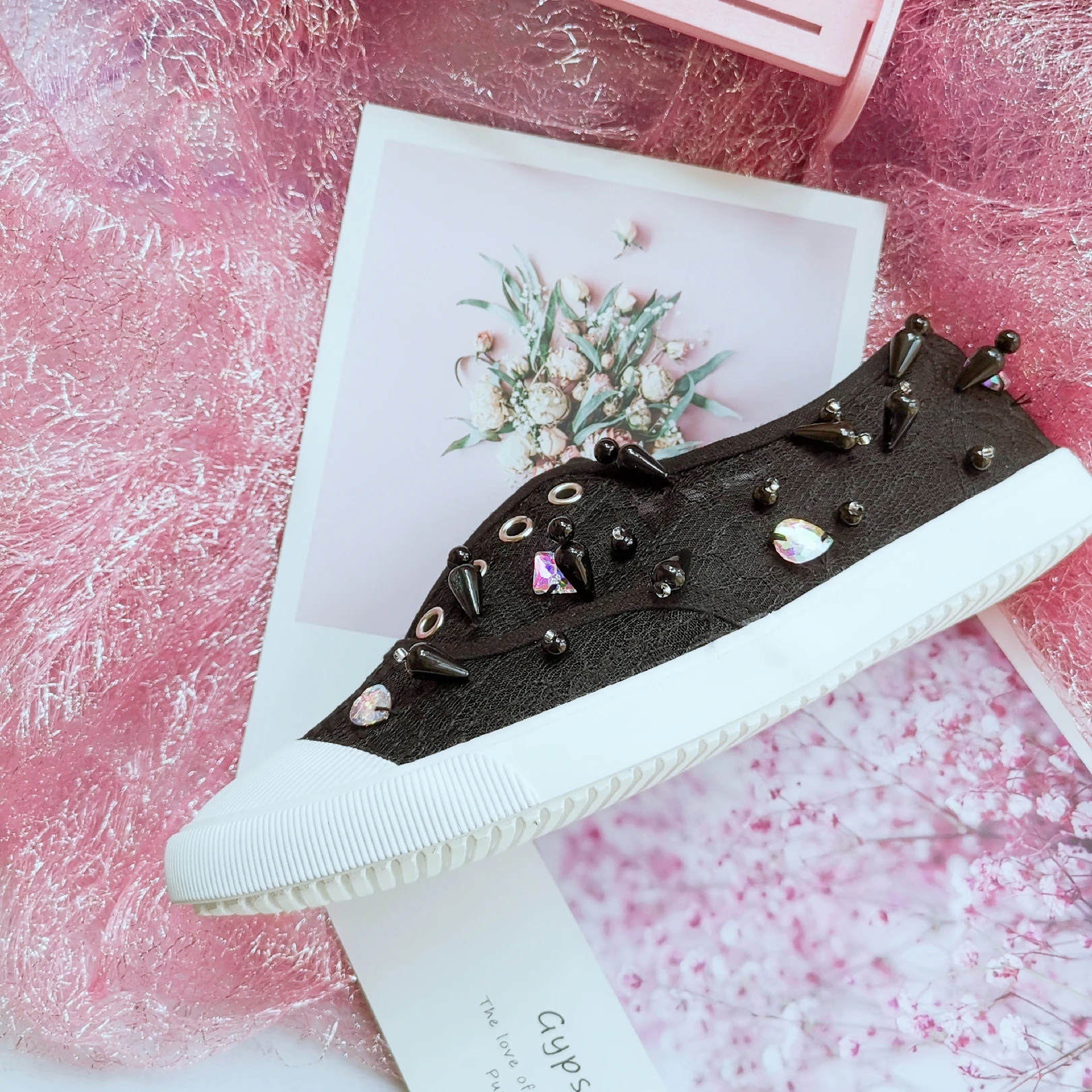 Woman Loafers Knitted Slip On Shoes Spring Handmade Flat Moccasins Ladies Wide Fit Zapatos De Mujer Lace Pearl Diamond