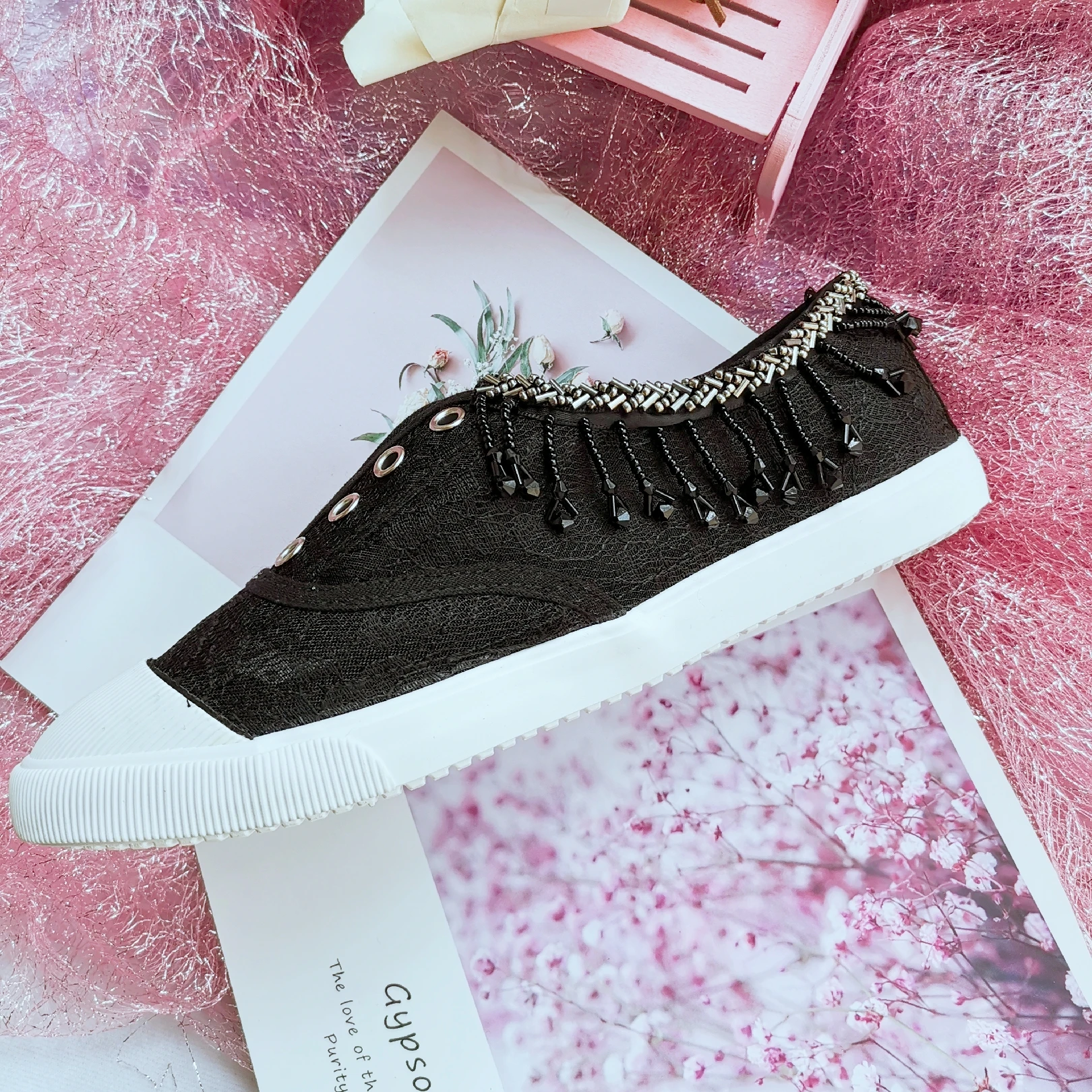 Woman Loafers Knitted Slip On Shoes Spring Handmade Flat Moccasins Ladies Wide Fit Zapatos De Mujer Lace Pearl Diamond