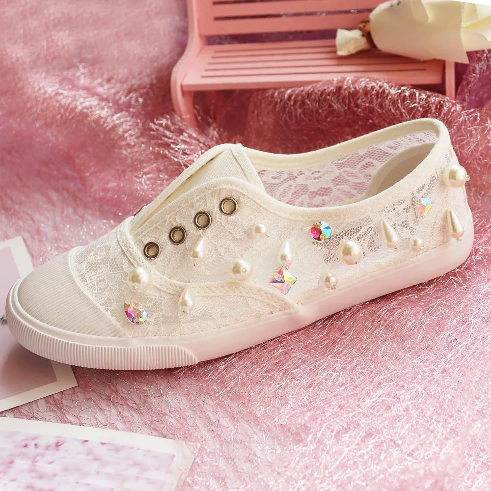 Woman Loafers Knitted Slip On Shoes Spring Handmade Flat Moccasins Ladies Wide Fit Zapatos De Mujer Lace Pearl Diamond