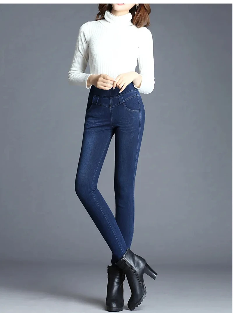 High Waist Skinny Pencil Jeans Mom Fall Winter Thicken Warm Denim Pants Casual Velvet Lined Vaqueros Big Size 38 Stretch Trouser