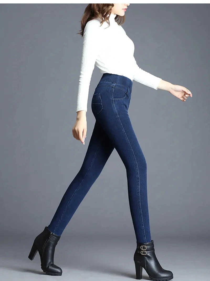 High Waist Skinny Pencil Jeans Mom Fall Winter Thicken Warm Denim Pants Casual Velvet Lined Vaqueros Big Size 38 Stretch Trouser