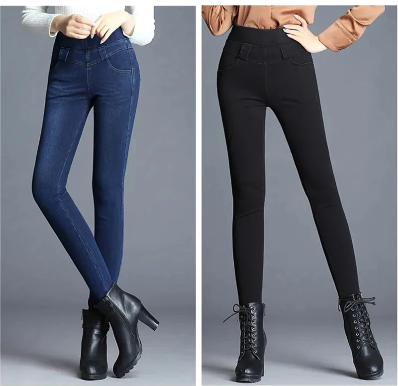 High Waist Skinny Pencil Jeans Mom Fall Winter Thicken Warm Denim Pants Casual Velvet Lined Vaqueros Big Size 38 Stretch Trouser