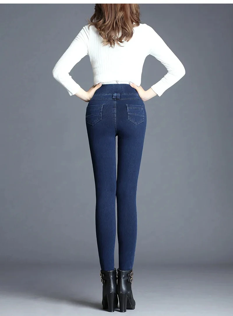 High Waist Skinny Pencil Jeans Mom Fall Winter Thicken Warm Denim Pants Casual Velvet Lined Vaqueros Big Size 38 Stretch Trouser