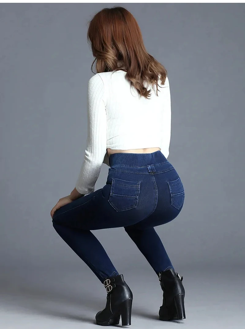 High Waist Skinny Pencil Jeans Mom Fall Winter Thicken Warm Denim Pants Casual Velvet Lined Vaqueros Big Size 38 Stretch Trouser