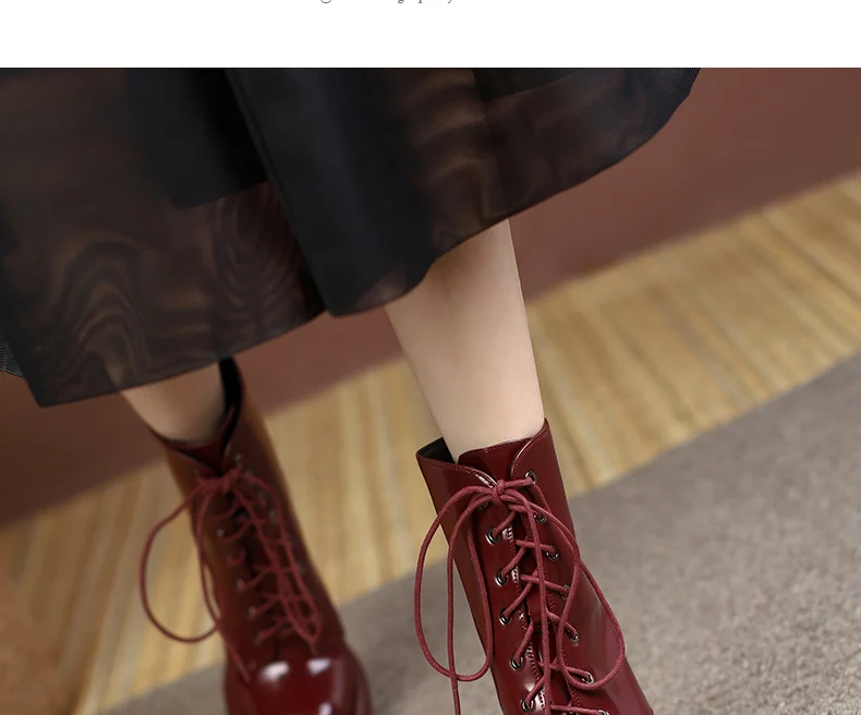 PRXDONG Women's Genuine Cow Leather Autumn Winter Shoes Ankle Boots Chunky High Heels Round Toe Lace Up Dress Party Short Boots