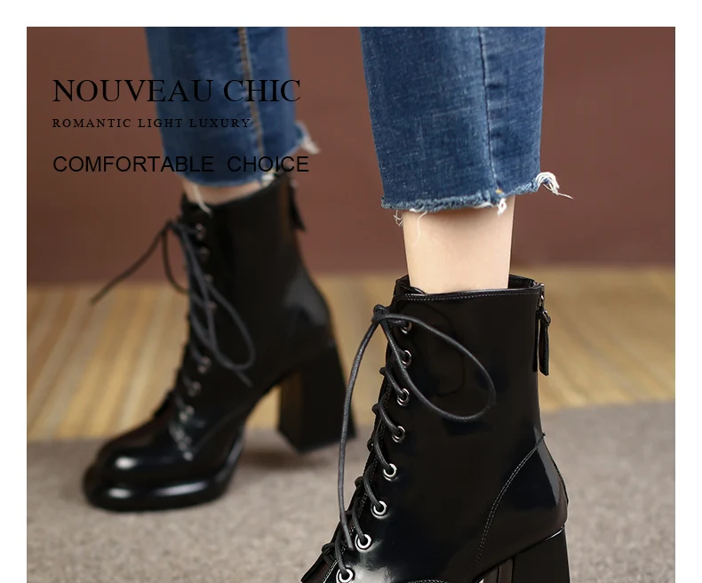 PRXDONG Women's Genuine Cow Leather Autumn Winter Shoes Ankle Boots Chunky High Heels Round Toe Lace Up Dress Party Short Boots