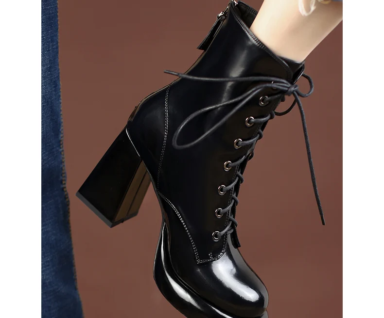 PRXDONG Women's Genuine Cow Leather Autumn Winter Shoes Ankle Boots Chunky High Heels Round Toe Lace Up Dress Party Short Boots