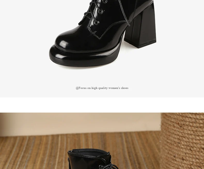 PRXDONG Women's Genuine Cow Leather Autumn Winter Shoes Ankle Boots Chunky High Heels Round Toe Lace Up Dress Party Short Boots