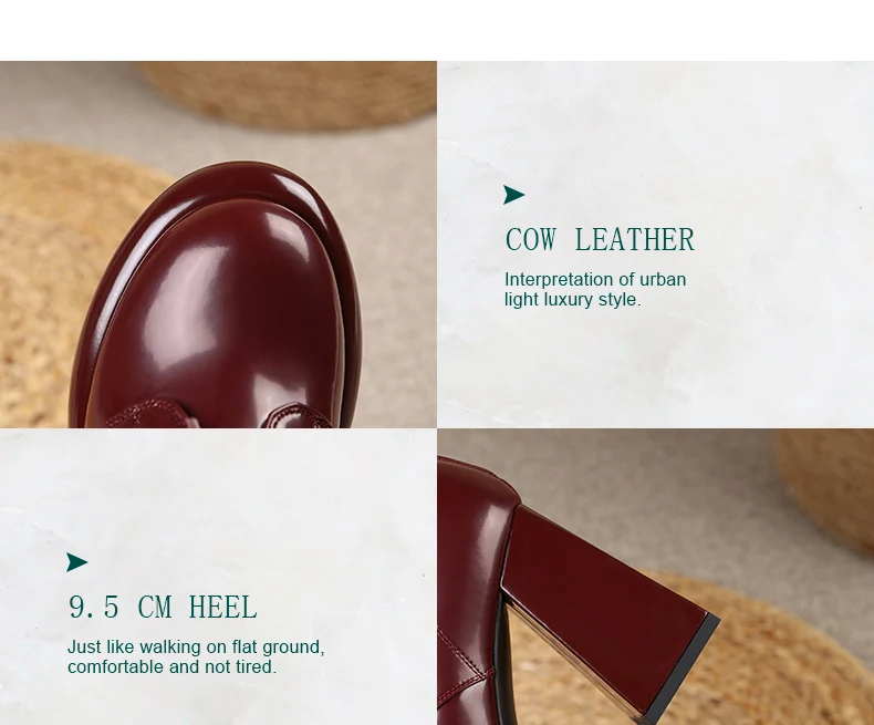 PRXDONG Women's Genuine Cow Leather Autumn Winter Shoes Ankle Boots Chunky High Heels Round Toe Lace Up Dress Party Short Boots
