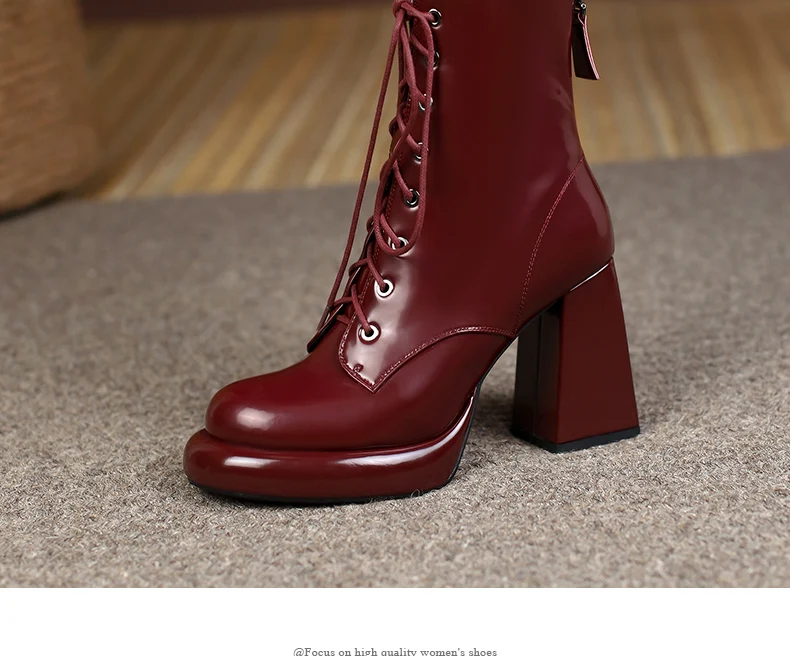 PRXDONG Women's Genuine Cow Leather Autumn Winter Shoes Ankle Boots Chunky High Heels Round Toe Lace Up Dress Party Short Boots