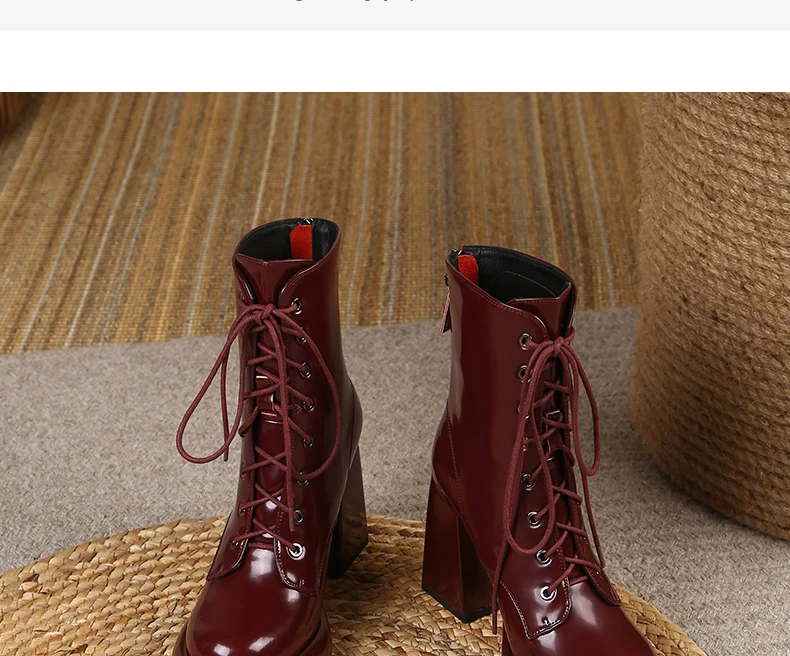 PRXDONG Women's Genuine Cow Leather Autumn Winter Shoes Ankle Boots Chunky High Heels Round Toe Lace Up Dress Party Short Boots