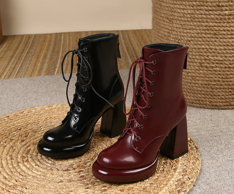 PRXDONG Women's Genuine Cow Leather Autumn Winter Shoes Ankle Boots Chunky High Heels Round Toe Lace Up Dress Party Short Boots