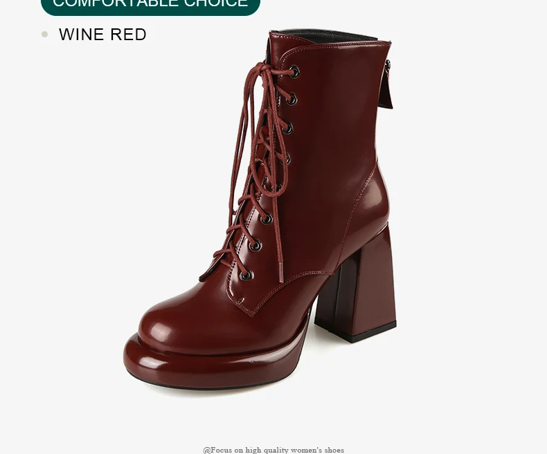 PRXDONG Women's Genuine Cow Leather Autumn Winter Shoes Ankle Boots Chunky High Heels Round Toe Lace Up Dress Party Short Boots