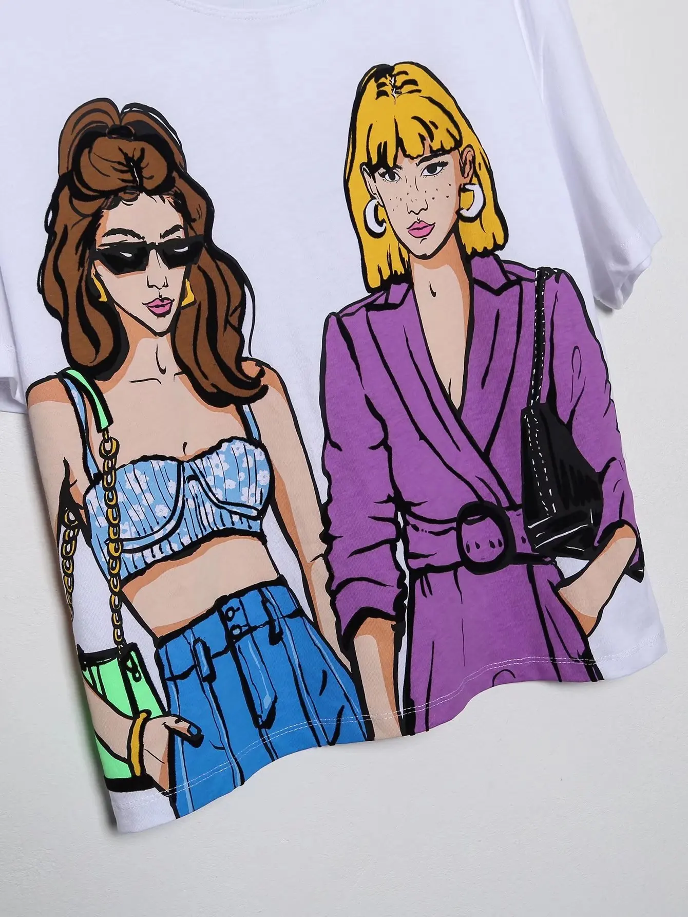 Zevity Summer Women Fashion Double Girls Print Knitting Casual T Shirt Female Basic O Neck Short Sleeve Chic White Tops T1257