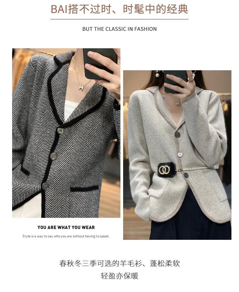 Autumn Winter Women Pure Cashmere Wool Suit Coat Sweater Casual Knitted Tailored Collar Cardigan Thickening Outwear Soft Jacket