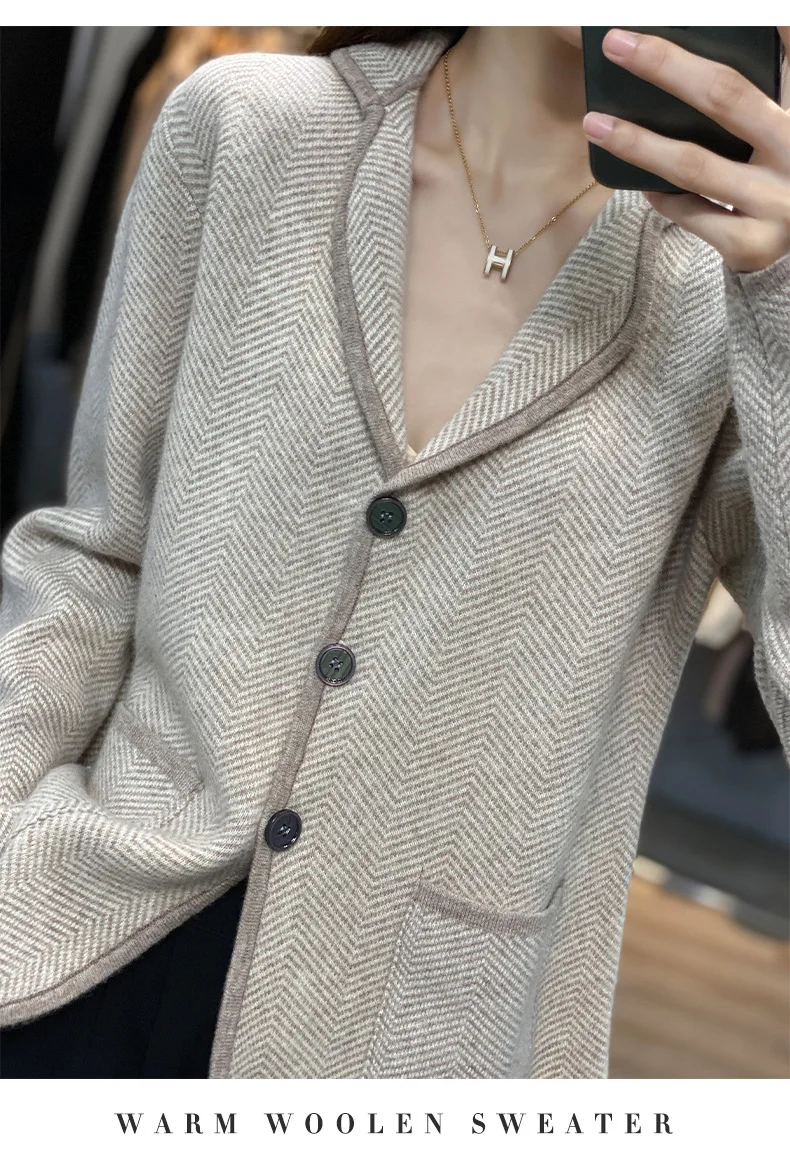 Autumn Winter Women Pure Cashmere Wool Suit Coat Sweater Casual Knitted Tailored Collar Cardigan Thickening Outwear Soft Jacket