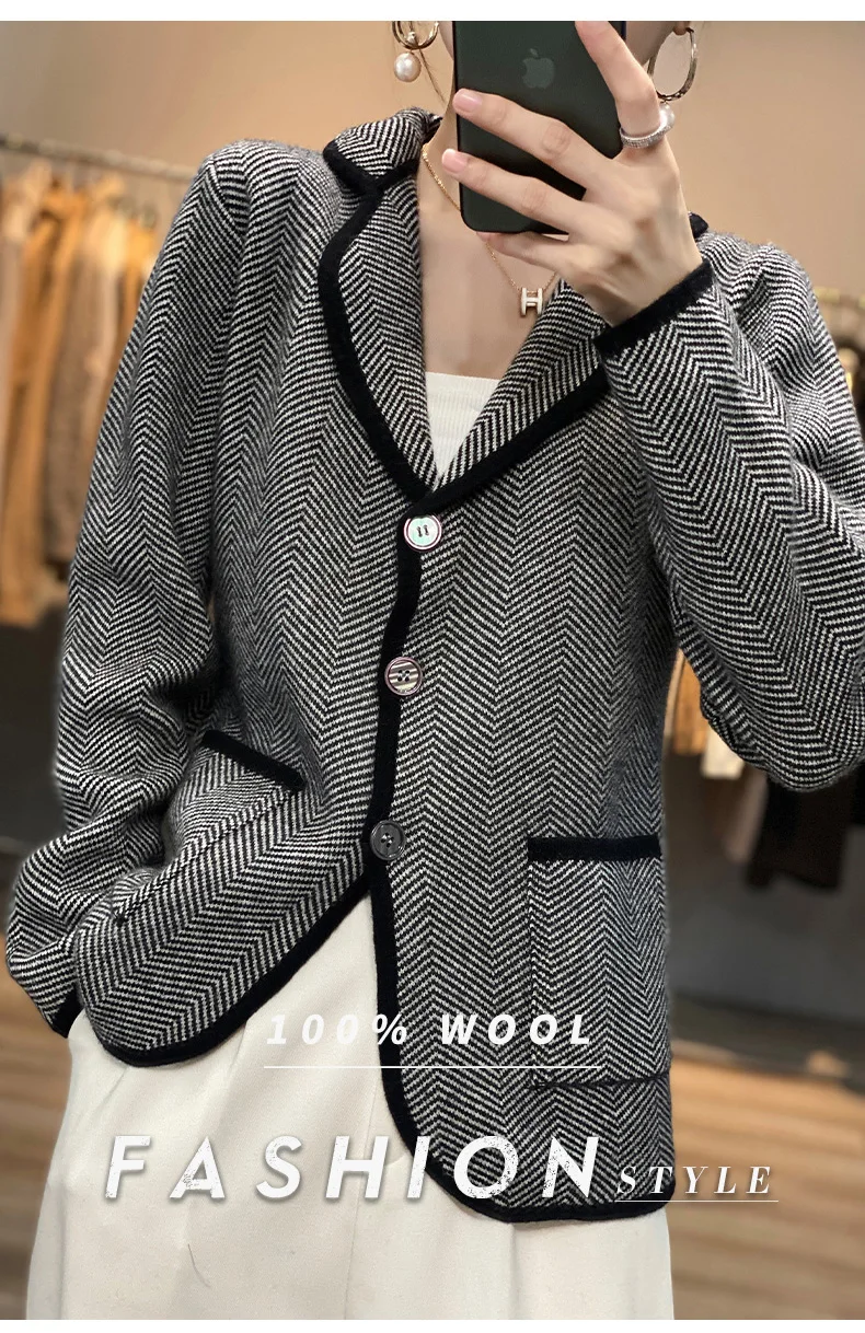 Autumn Winter Women Pure Cashmere Wool Suit Coat Sweater Casual Knitted Tailored Collar Cardigan Thickening Outwear Soft Jacket