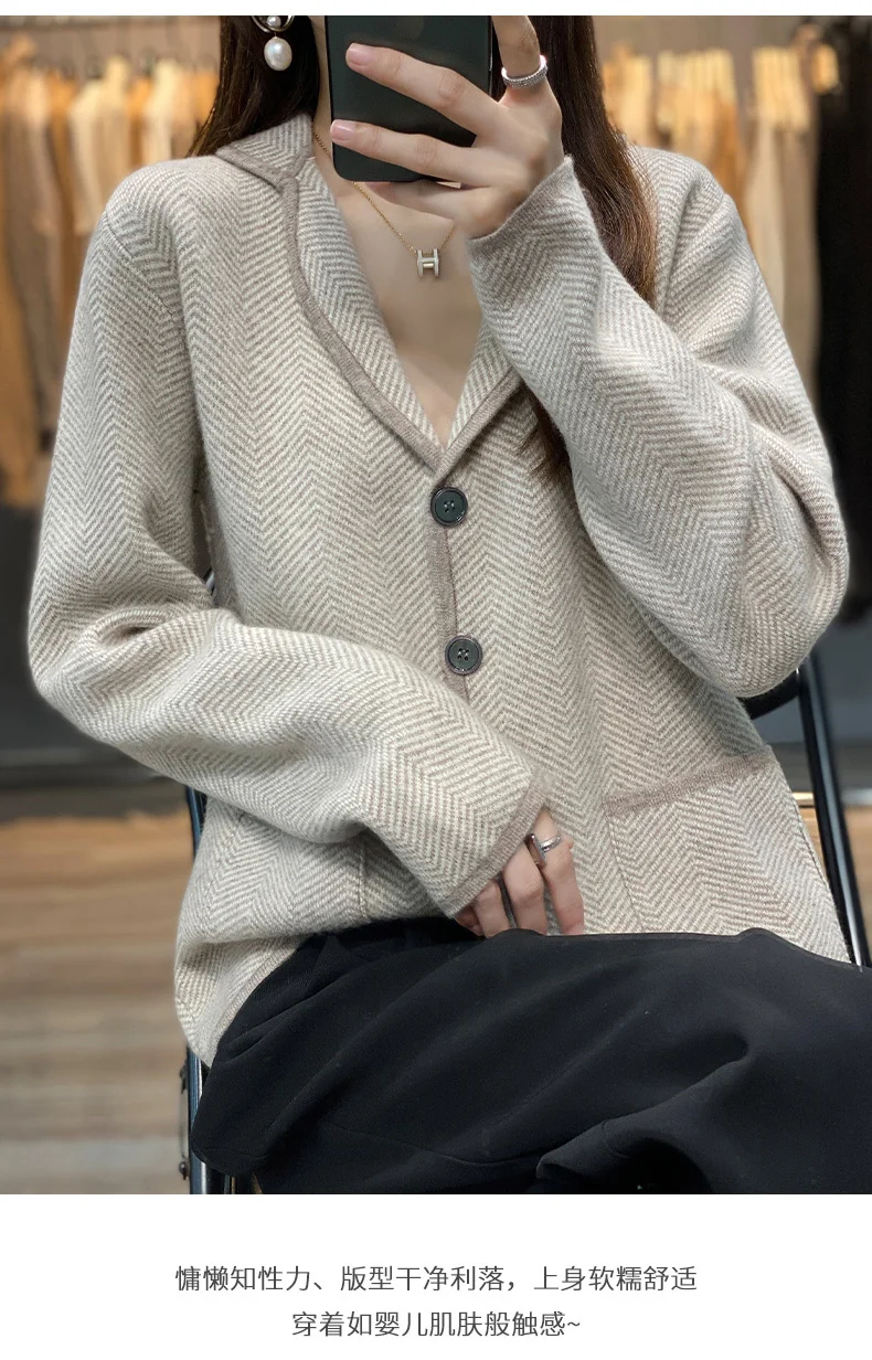 Autumn Winter Women Pure Cashmere Wool Suit Coat Sweater Casual Knitted Tailored Collar Cardigan Thickening Outwear Soft Jacket
