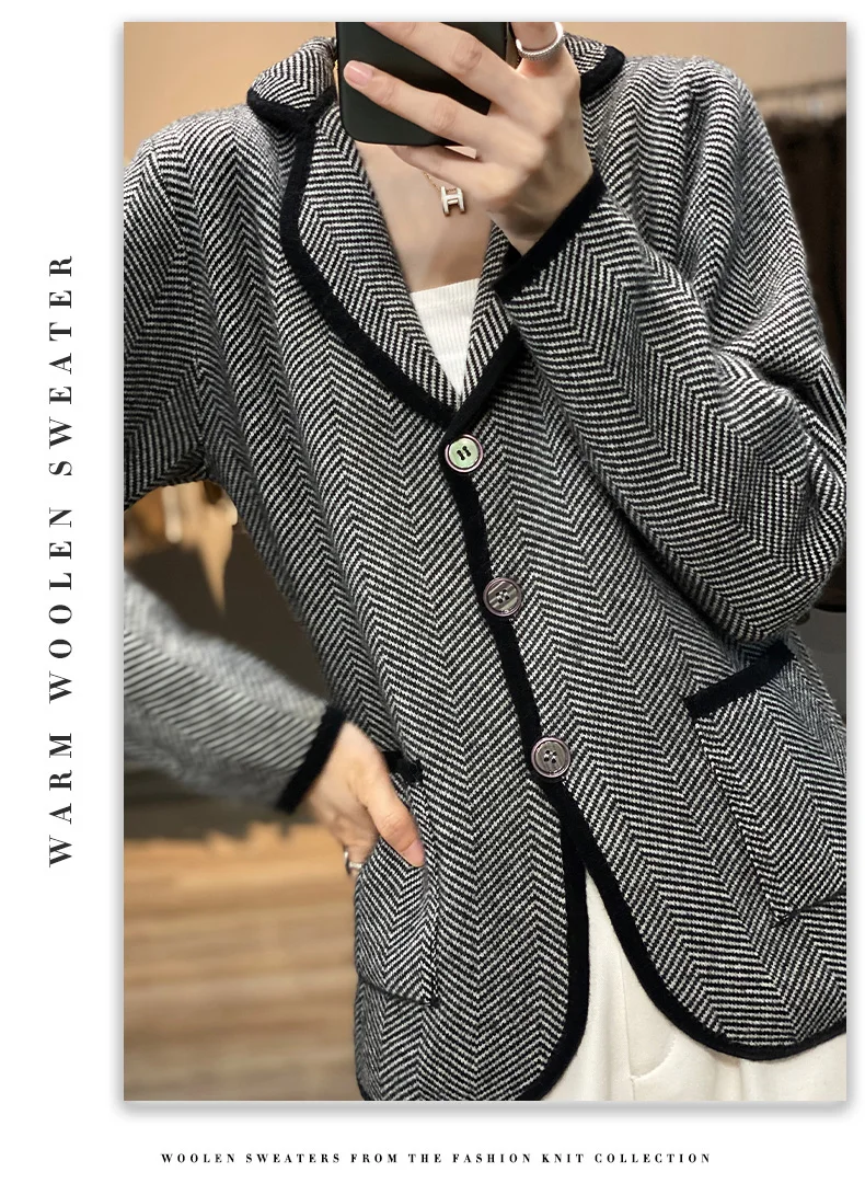Autumn Winter Women Pure Cashmere Wool Suit Coat Sweater Casual Knitted Tailored Collar Cardigan Thickening Outwear Soft Jacket