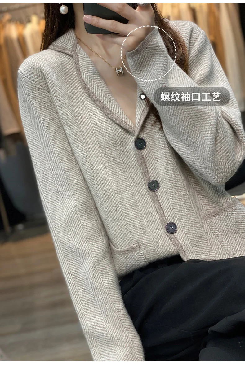 Autumn Winter Women Pure Cashmere Wool Suit Coat Sweater Casual Knitted Tailored Collar Cardigan Thickening Outwear Soft Jacket