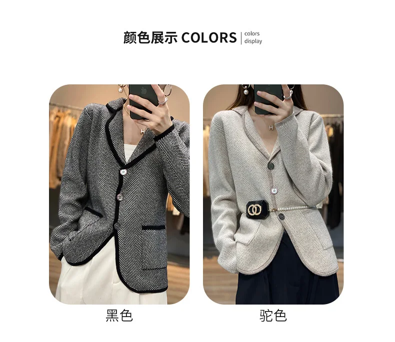 Autumn Winter Women Pure Cashmere Wool Suit Coat Sweater Casual Knitted Tailored Collar Cardigan Thickening Outwear Soft Jacket