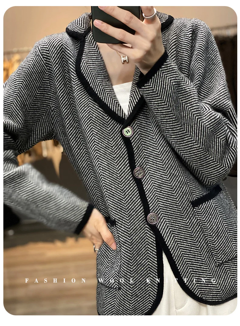 Autumn Winter Women Pure Cashmere Wool Suit Coat Sweater Casual Knitted Tailored Collar Cardigan Thickening Outwear Soft Jacket