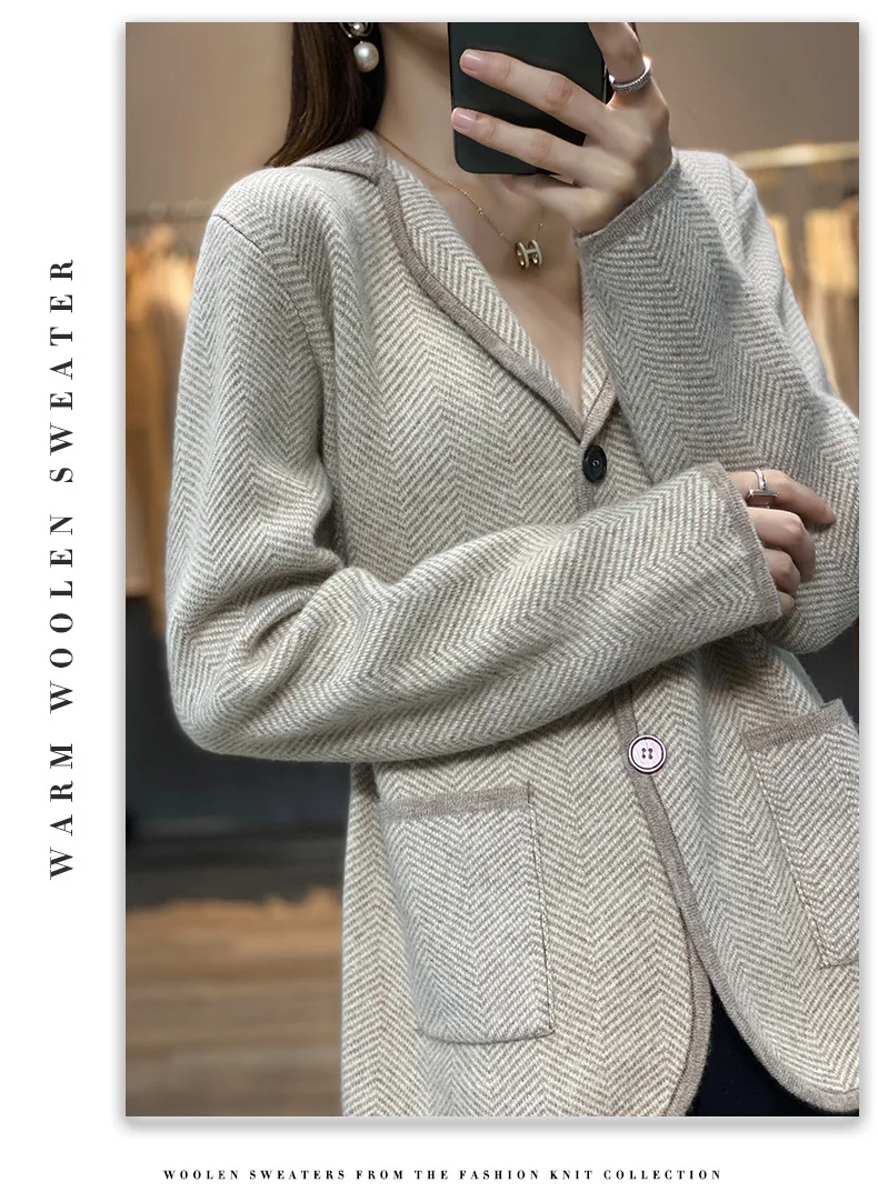 Autumn Winter Women Pure Cashmere Wool Suit Coat Sweater Casual Knitted Tailored Collar Cardigan Thickening Outwear Soft Jacket