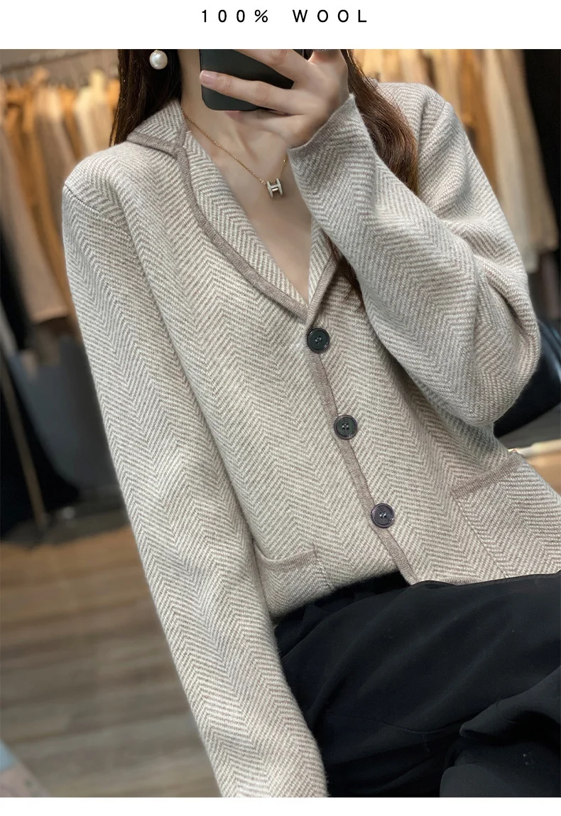 Autumn Winter Women Pure Cashmere Wool Suit Coat Sweater Casual Knitted Tailored Collar Cardigan Thickening Outwear Soft Jacket