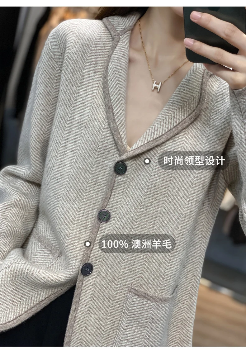 Autumn Winter Women Pure Cashmere Wool Suit Coat Sweater Casual Knitted Tailored Collar Cardigan Thickening Outwear Soft Jacket