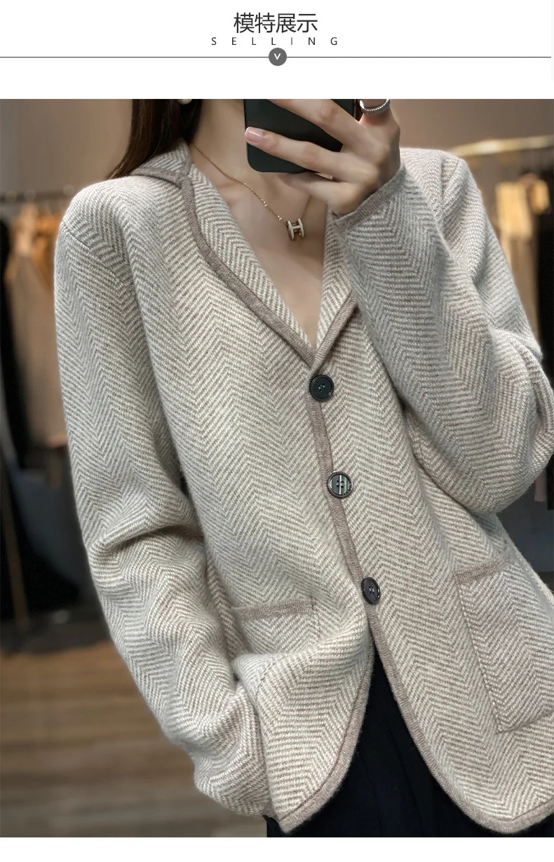 Autumn Winter Women Pure Cashmere Wool Suit Coat Sweater Casual Knitted Tailored Collar Cardigan Thickening Outwear Soft Jacket