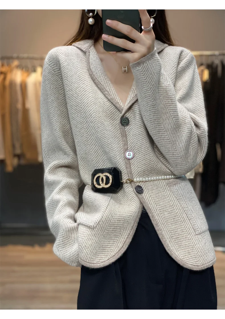 Autumn Winter Women Pure Cashmere Wool Suit Coat Sweater Casual Knitted Tailored Collar Cardigan Thickening Outwear Soft Jacket