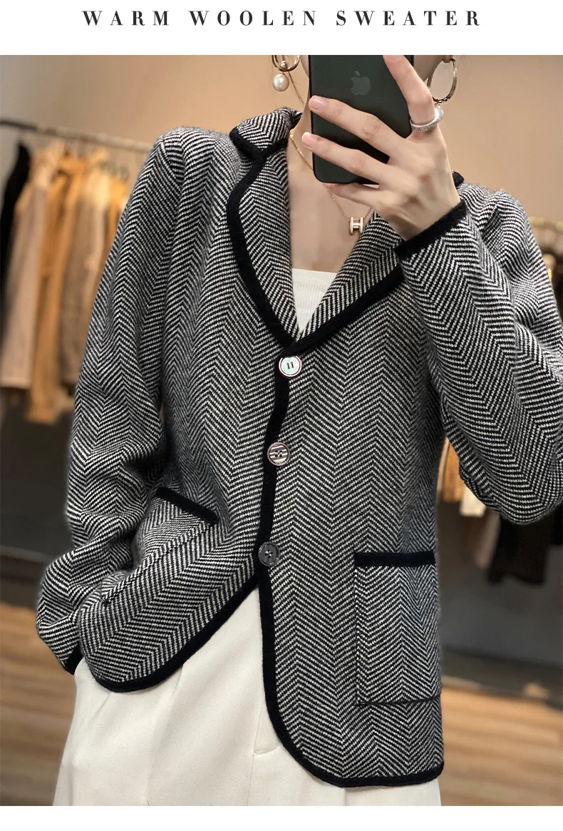 Autumn Winter Women Pure Cashmere Wool Suit Coat Sweater Casual Knitted Tailored Collar Cardigan Thickening Outwear Soft Jacket