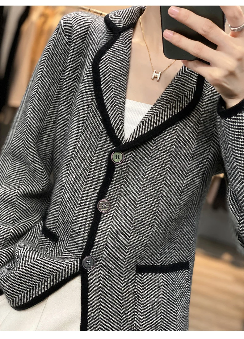 Autumn Winter Women Pure Cashmere Wool Suit Coat Sweater Casual Knitted Tailored Collar Cardigan Thickening Outwear Soft Jacket