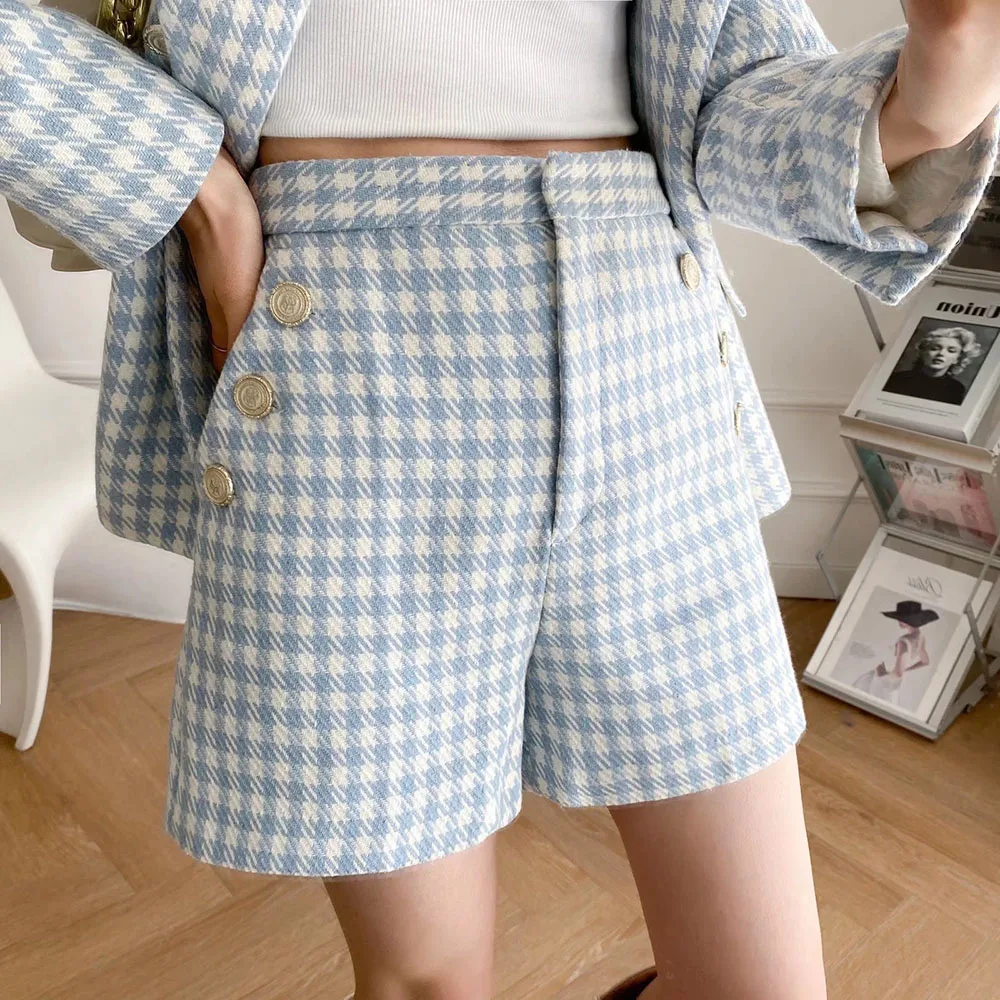 Klacwaya Blazer Women Shorts Sets Woman 2 Pieces Chic Office Lady Suit Skirt And Jacket Plaid Female Suits