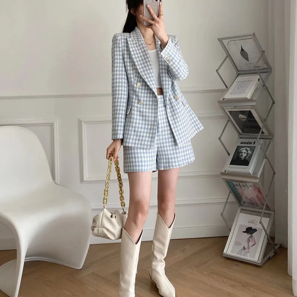 Klacwaya Blazer Women Shorts Sets Woman 2 Pieces Chic Office Lady Suit Skirt And Jacket Plaid Female Suits