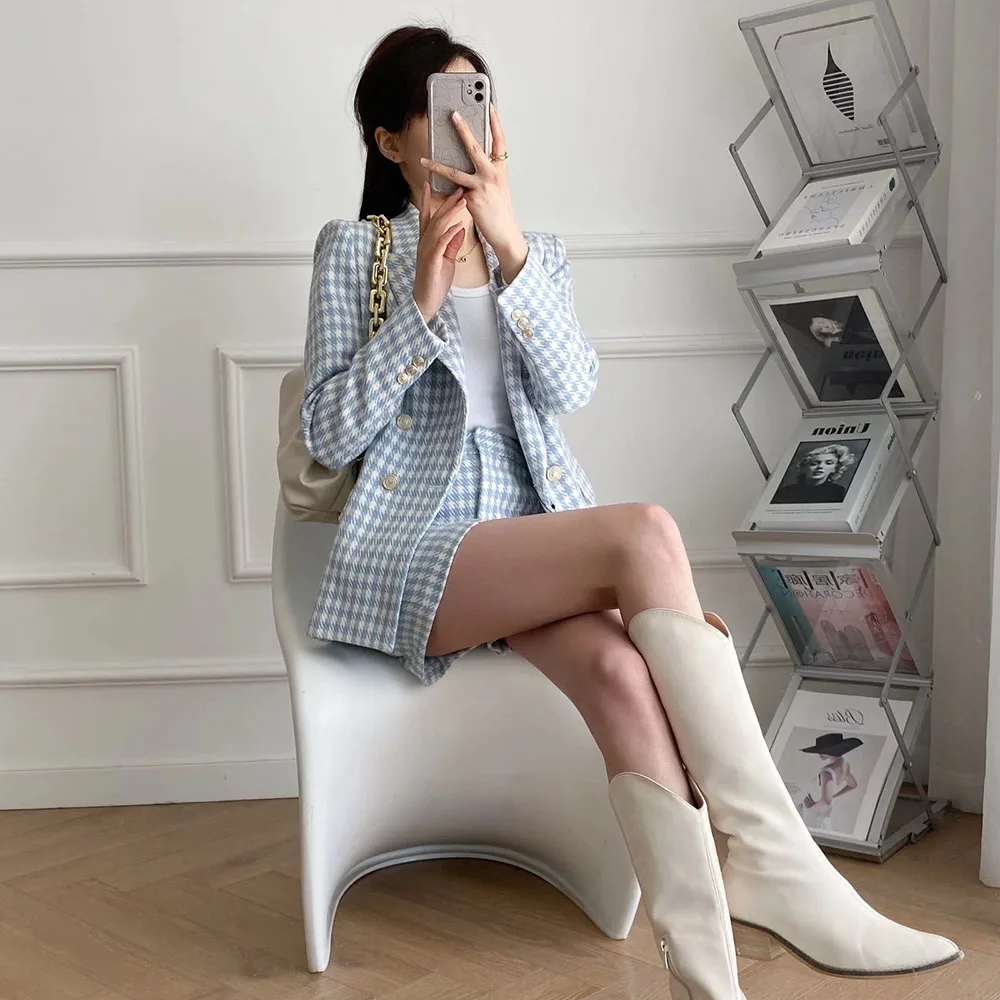 Klacwaya Blazer Women Shorts Sets Woman 2 Pieces Chic Office Lady Suit Skirt And Jacket Plaid Female Suits