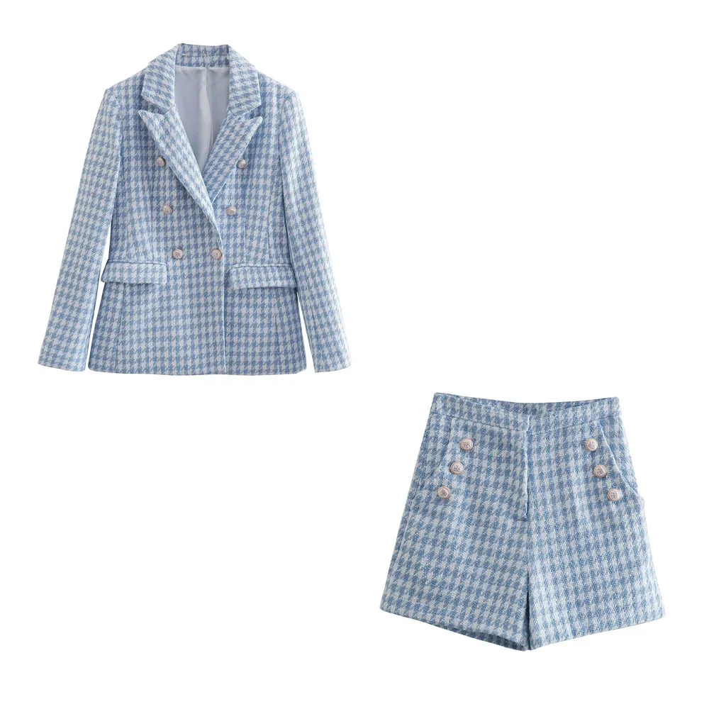 Klacwaya Blazer Women Shorts Sets Woman 2 Pieces Chic Office Lady Suit Skirt And Jacket Plaid Female Suits